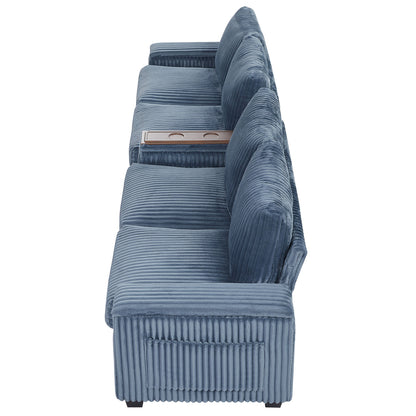 Modern 4 Seater Corduroy Sofa Couch With USB Ports, Hidden Storage, Flip Top Cup Holders - Blue