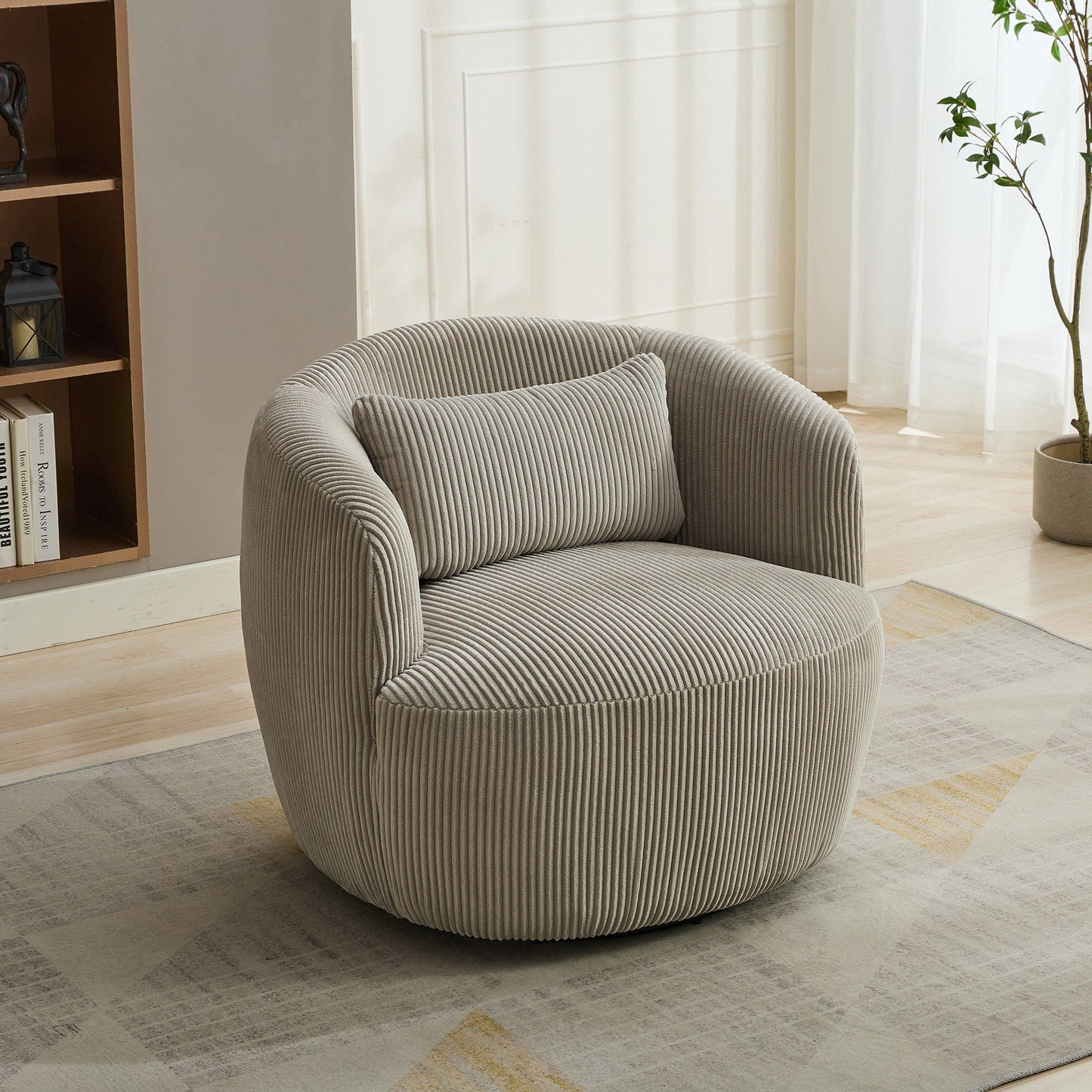 Upholstered Metal Base 360 Degree Swivel Barrel Soft Chair With Pillow, For Club, Living Room, Bedroom, Office As Well As Reading Armchair - Light Gray