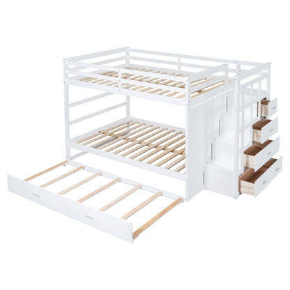 Full Over Full Bunk Bed With Twin Size Trundle And Staircase - White