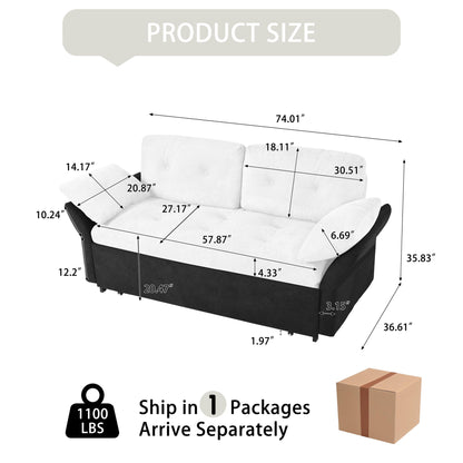 Modern Convertible Sleeper Sofa Bed With Pull Out Queen Design, Side Storage & Thick Cushions Chenille Loveseat For Living Room Or Bedroom 3 In 1 Function - - White