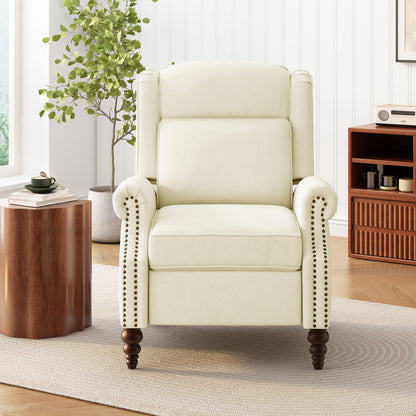 Push Back Recliner Chair Upholstered With Classic Wing Back And Solid Gourd-Shaped Legs For Living Room - Beige