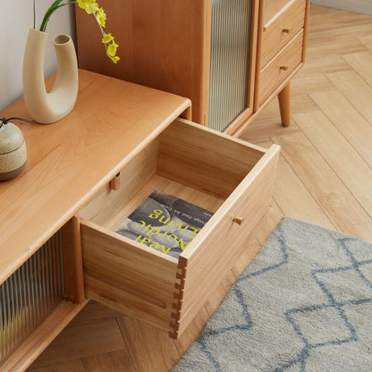 TV Cabinet With Chinese Changhong Glass Doors, Two Drawer Storage Space TV Standing - Natural