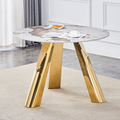 Stainless Steel Pattern Burning Stone Round Table Suitable For 2, 4 Or 6 People - Gold / White