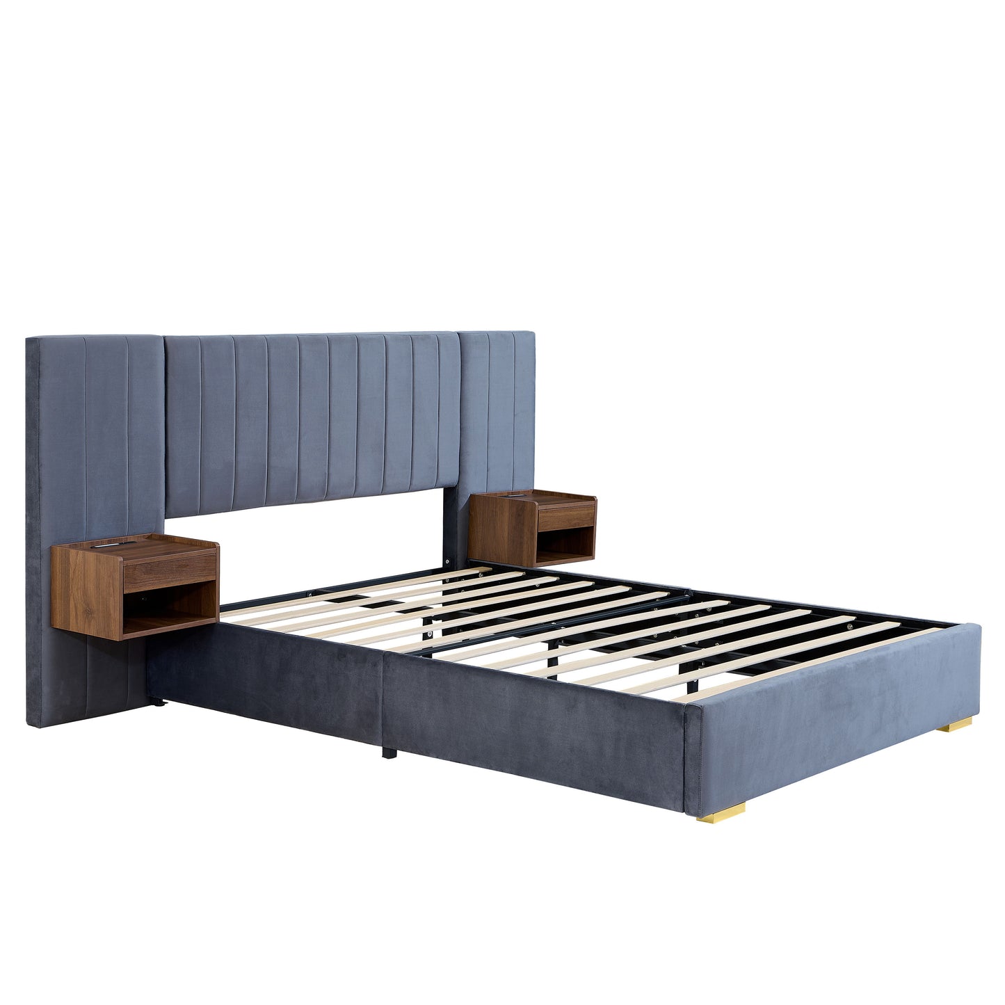 Upholstered Queen Size Bed Frame Of Velvet Tufted Headboard With Floating Nightstand LED / USB Built - Gray