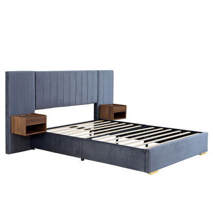 Upholstered Queen Size Bed Frame Of Velvet Tufted Headboard With Floating Nightstand LED / USB Built - Gray