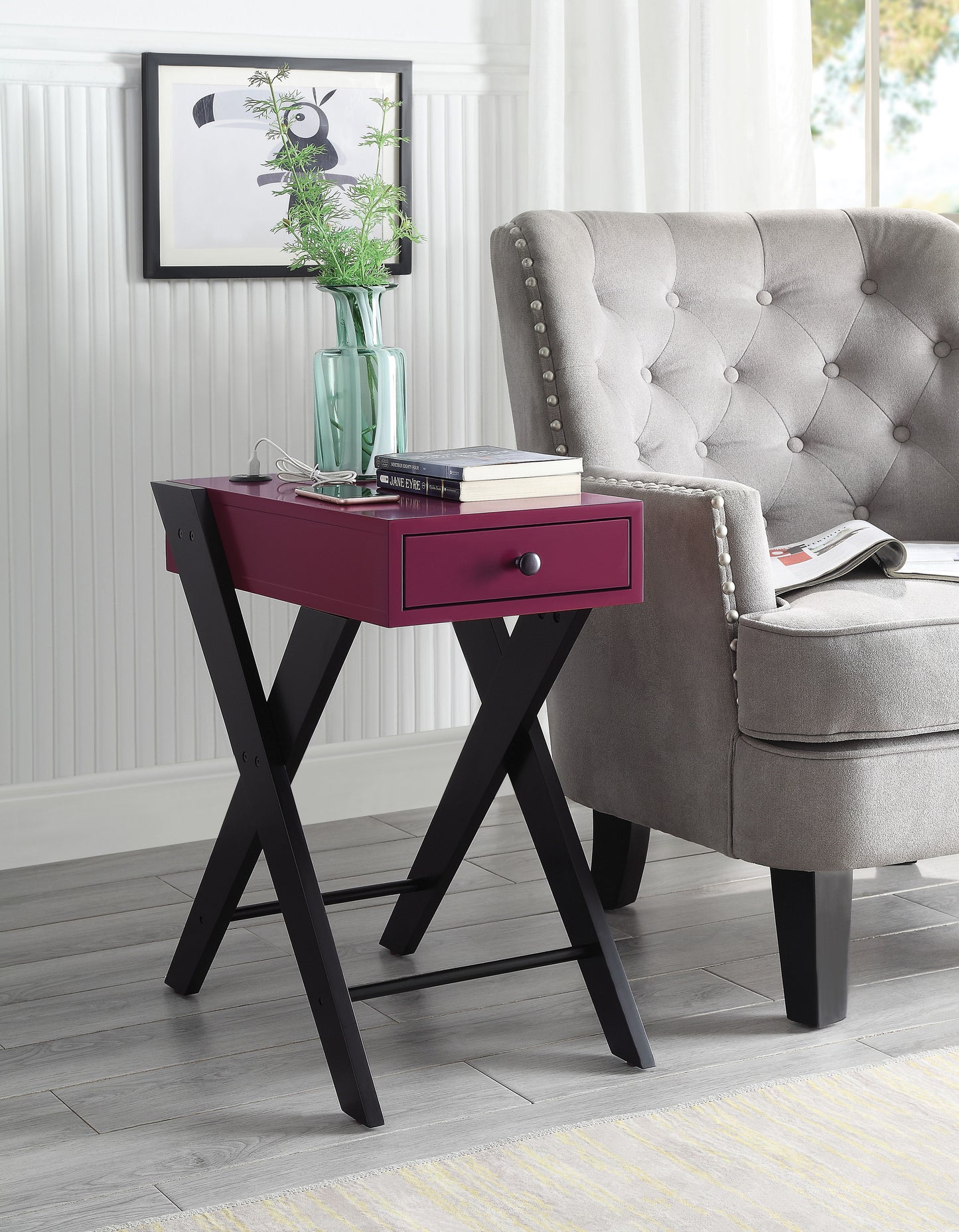 Fierce - Accent Table With Built In USB Port - Black / Burgundy