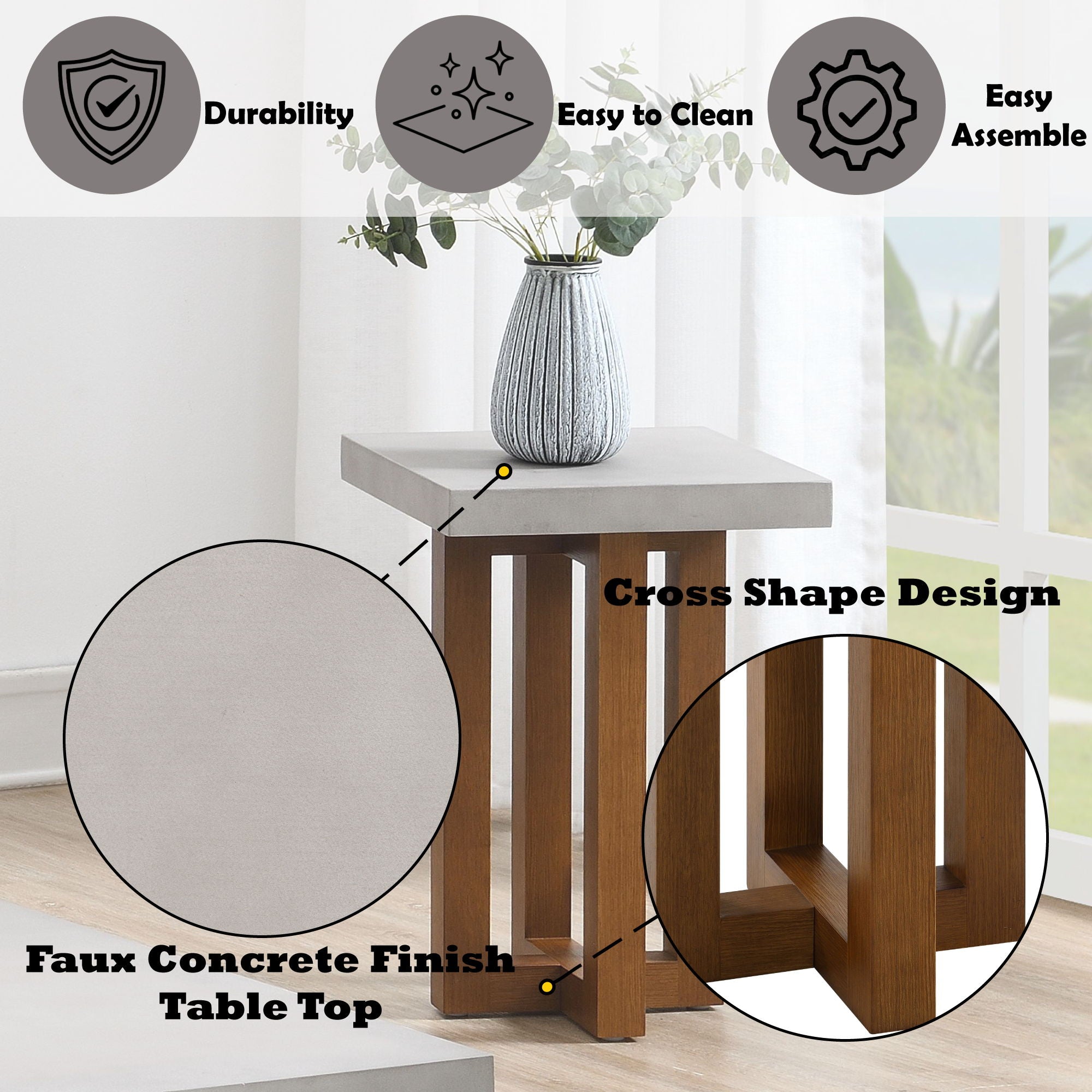 Keven - Faux Concrete Top End Table - Walnut
