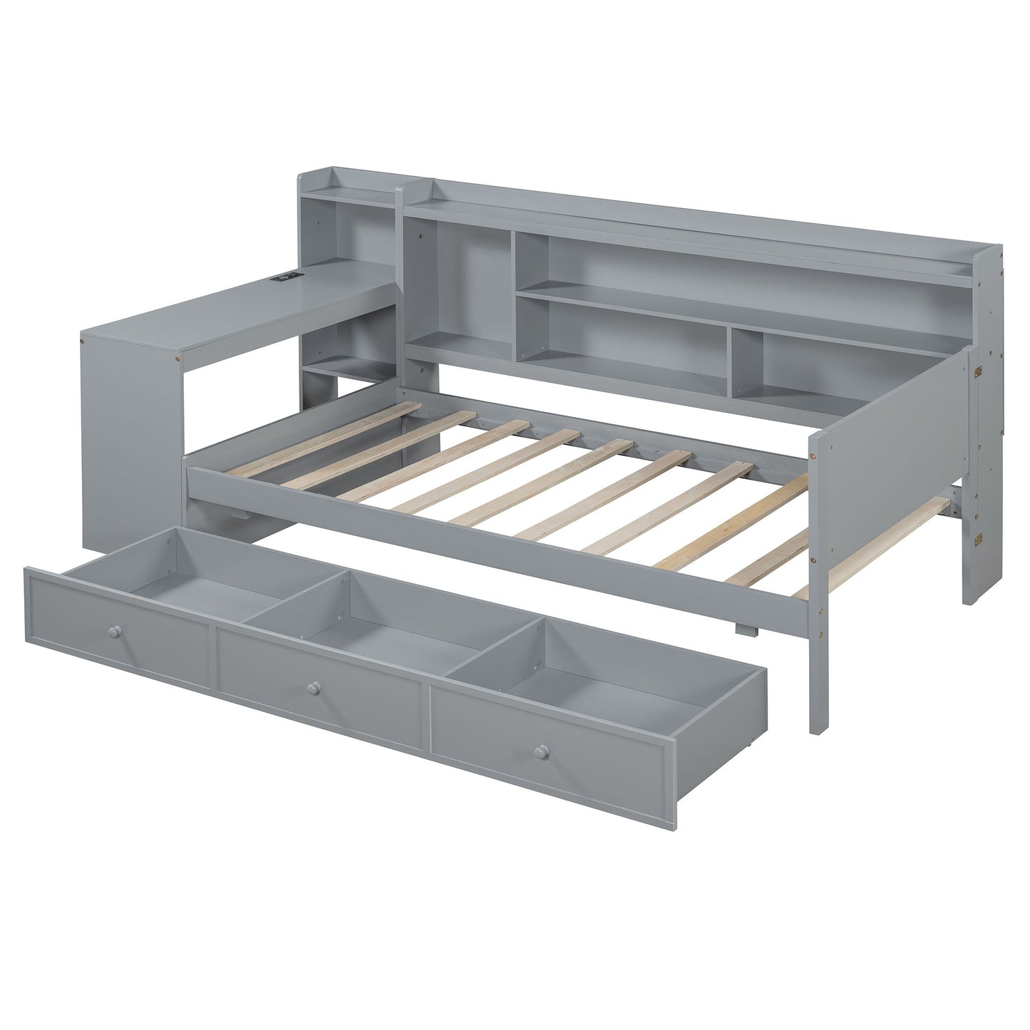 Twin Size Daybed With 3 Drawers USB Ports And Desk - Gray