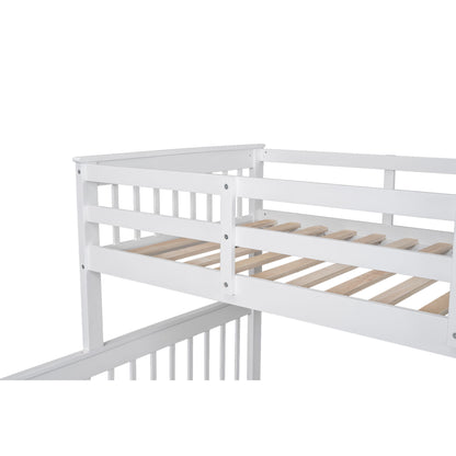 Twin Over Full Bunk Bed With Twin Size Trundle, Storage And Guard Rail For Bedroom - White