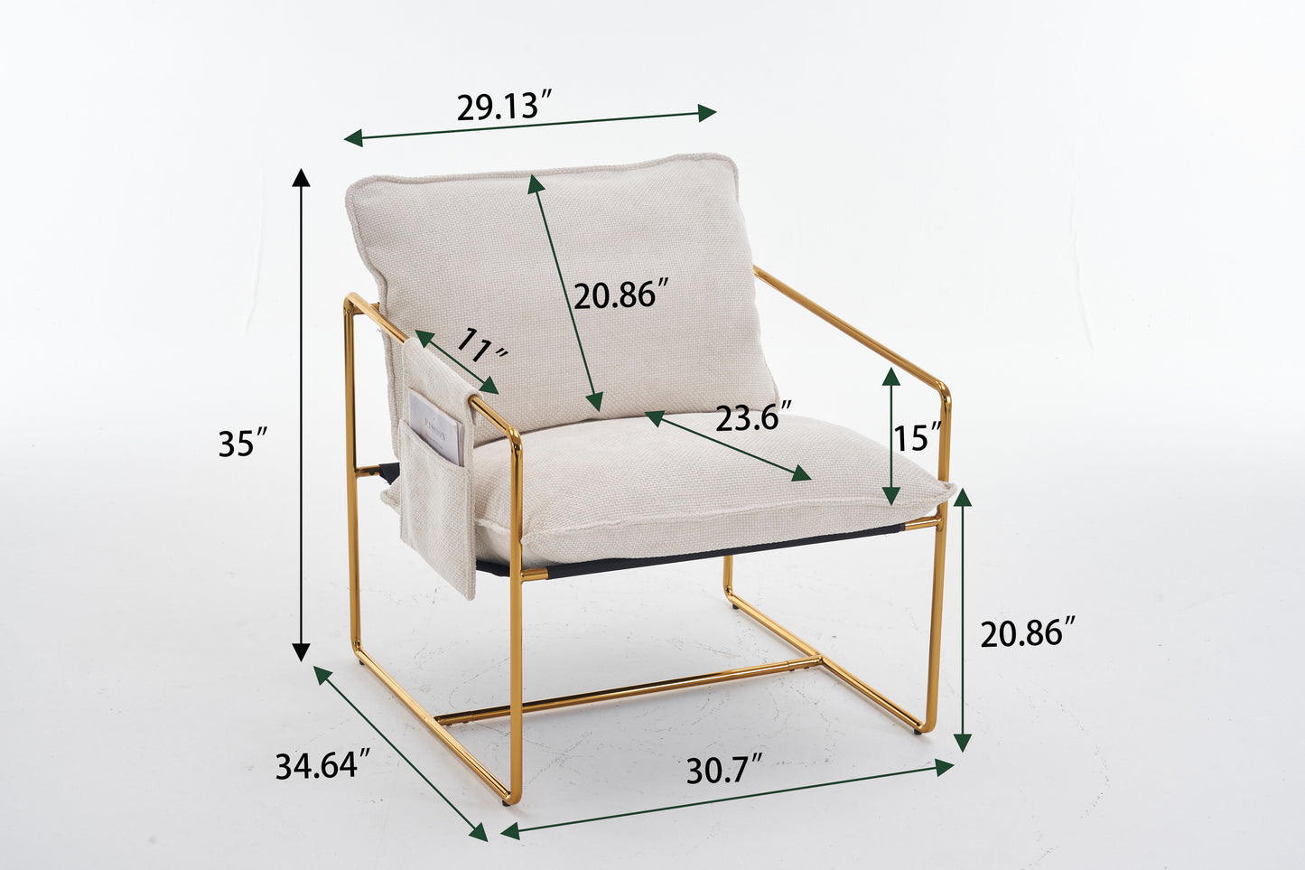 Upholstered Hanging Armchair With Arm Pocketsmetal Frame, Gold-Plated Craftsmanship, Crushed Foam Cushions And Skin-Friendly Woven Fabric For Living Room (Set of 2) - Beige