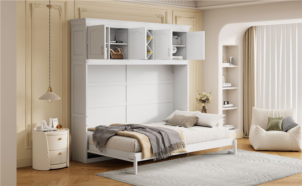 Queen Size Murphy Wall Bed With Top Cabinets & Wine Rack - White