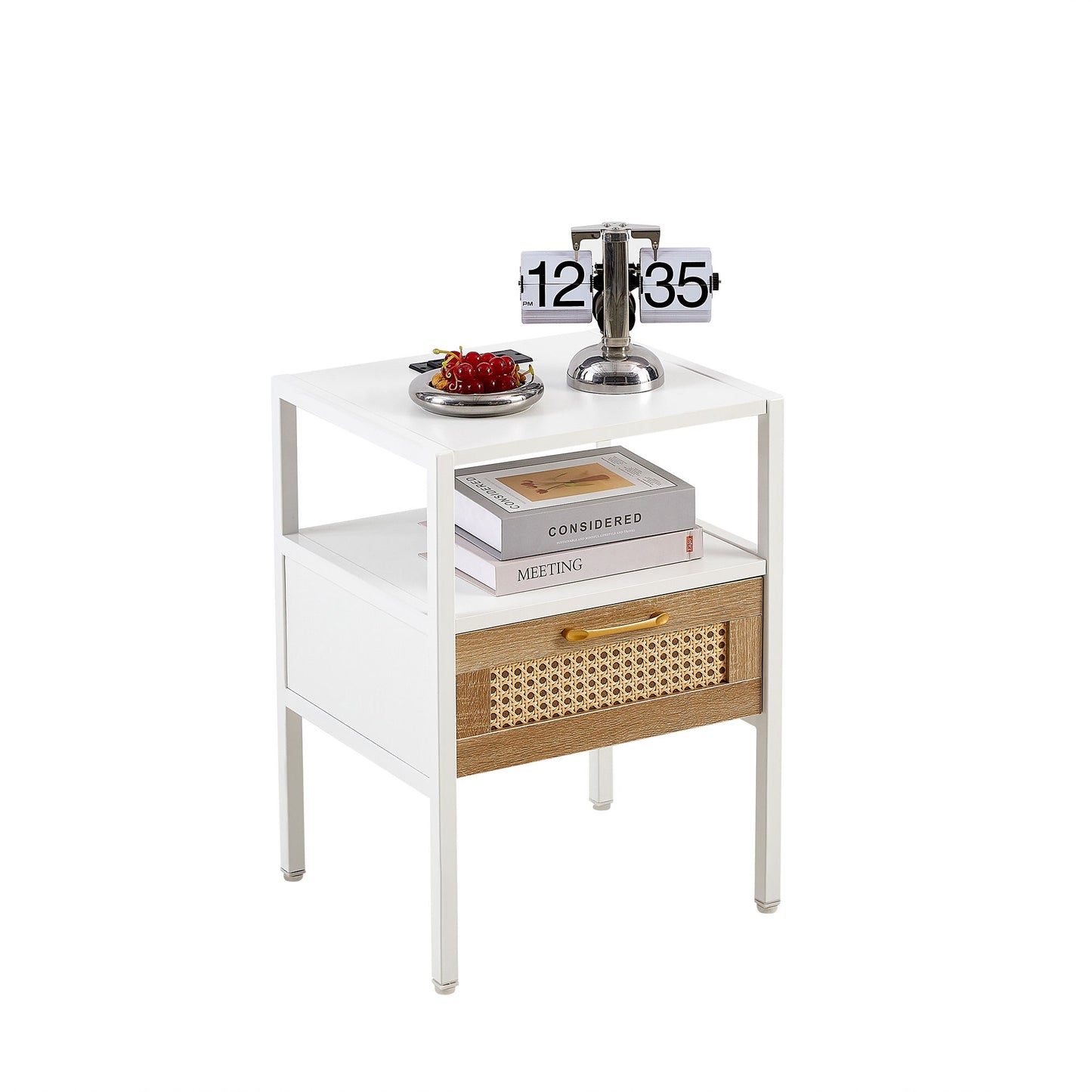 Rattan End Table With Power Outlet & USB Ports, Modern Nightstand With Drawer And Metal Legs, Side Table For Living Room, Bedroom (Set of 2) - White
