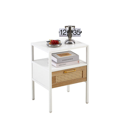 Rattan End Table With Power Outlet & USB Ports, Modern Nightstand With Drawer And Metal Legs, Side Table For Living Room, Bedroom (Set of 2) - White