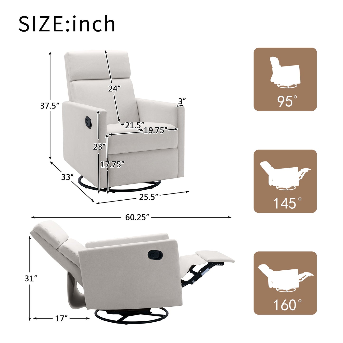 Modern Upholstered Rocker Nursery Chair Plush Seating Glider Swivel Recliner Chair - Beige
