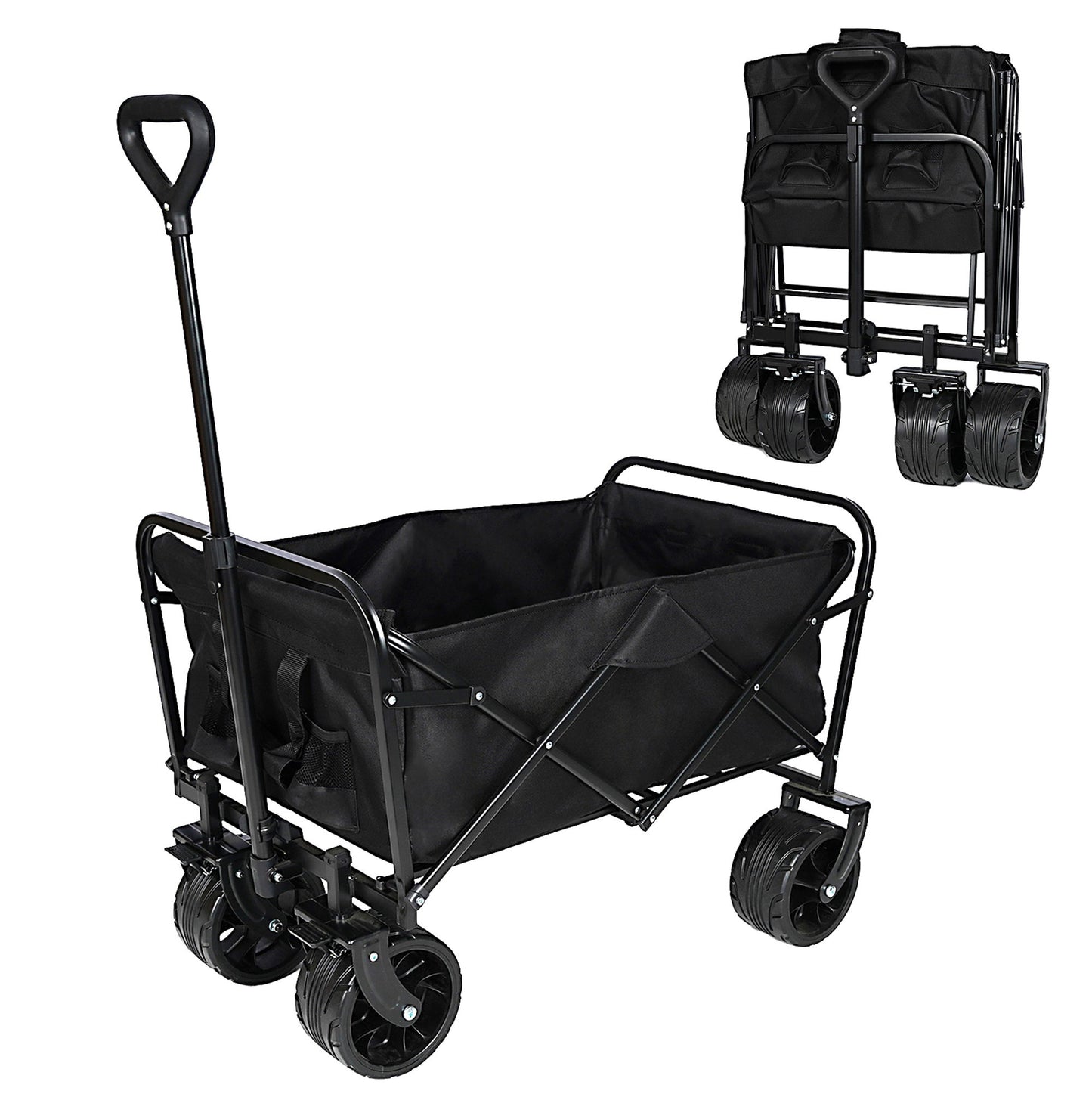 100L Collapsible Folding Beach Wagon Cart With 220Lbs Large Capacity, Wagons Carts Heavy Duty Foldable With Big Wheels For Sand, Garden, Camping - Black