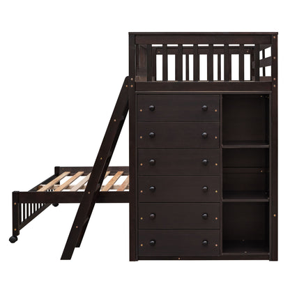 Twin Over Full Bunk Bed With 6 Drawers And Flexible Shelves, Bottom Bed With Wheels - Espresso