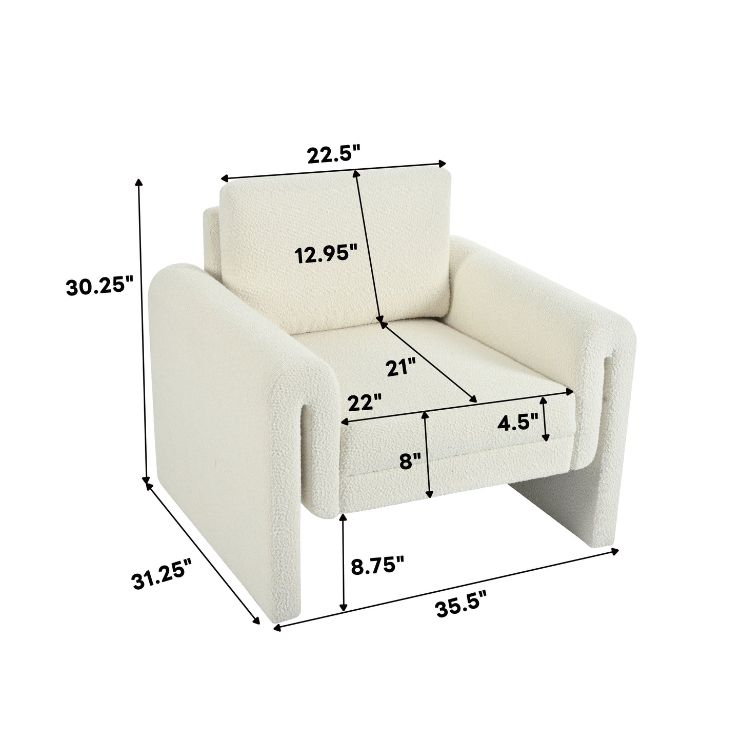 Modern Boucle Upholstered Accent Chair Luxurious Comfort & Sturdy Support, Solid Wood Frame - Ivory