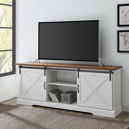 Farmhouse Sliding X Barn Door 70" TV Stand For 80" TVs - Rustic Oak / Brushed White
