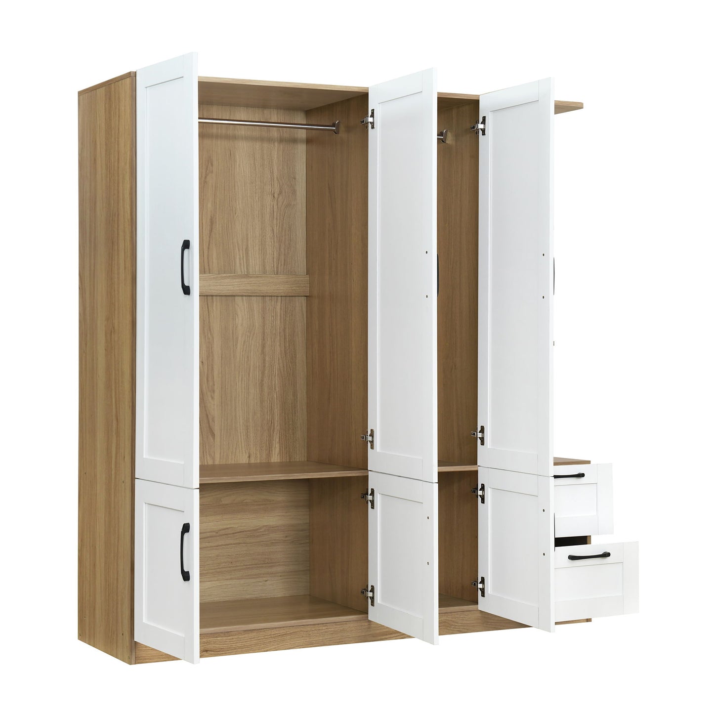 3 Door Storage Wardrobe For Dedroom With Shelves And 2 Drawers, Side Storage Shelves - White