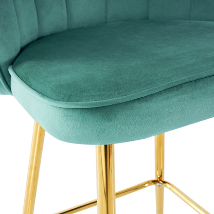 Shell Shape Velvet Bar Chair With Gold Plated Metal Legs (Set of 2) - Green
