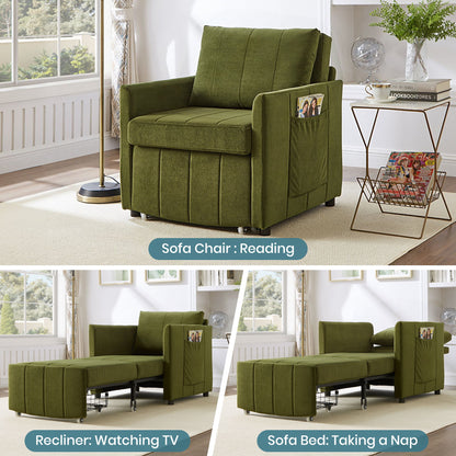 Upholstered Convertible Sleeper Sofa With Adjustable Backrest, Side Pockets, Storage Basket - Green
