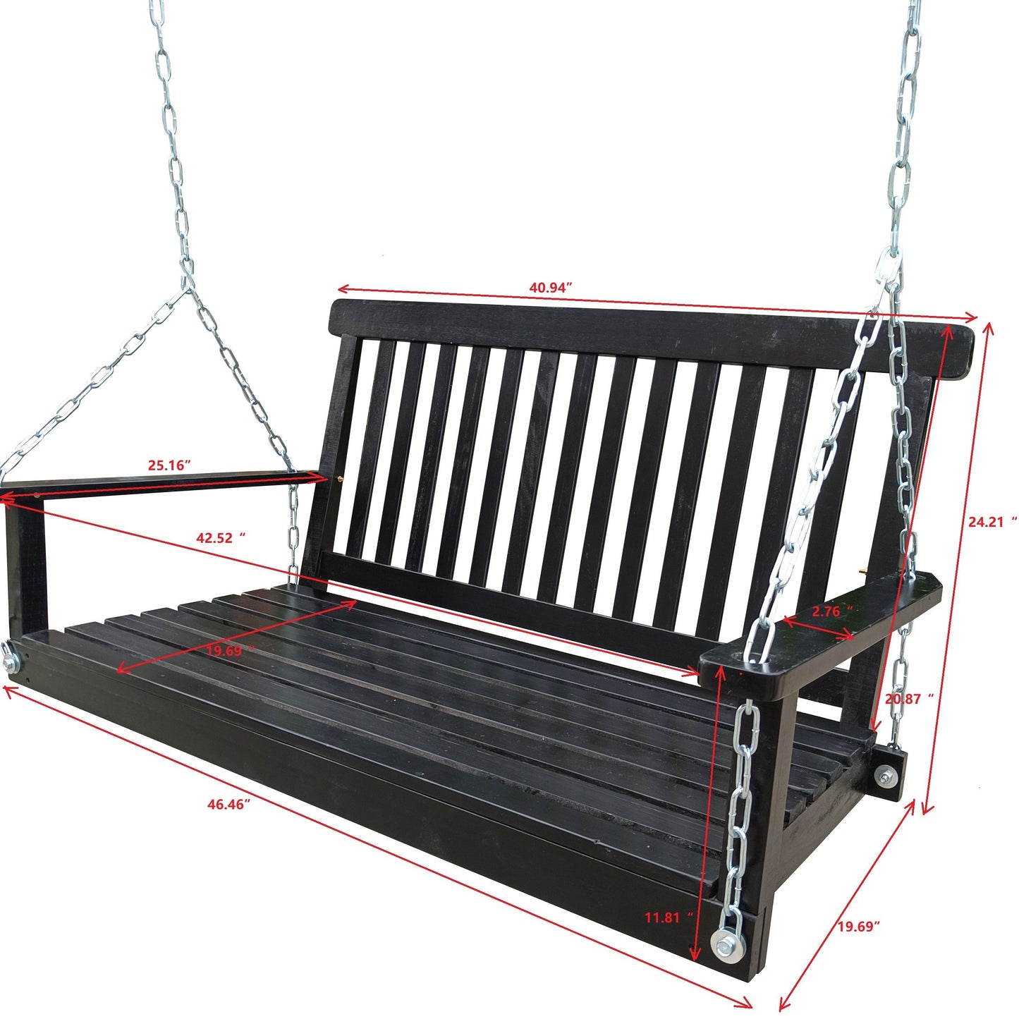 Front Porch Swing With Armrests For Outdoor Patio, Garden Yard, Backyard Or Sunroom - Black