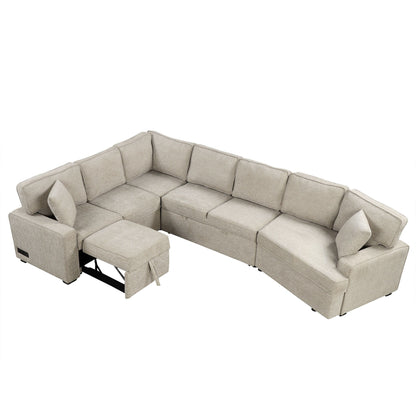 L-Shaped Sofa Sectional Sofa Couch Pull-Out Sofa Bed With Charging Devices And Cup Holders For Living Room - Beige