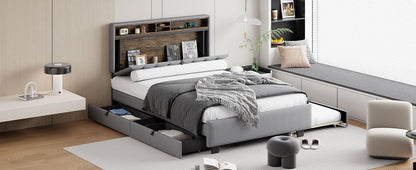Full Size Upholstered Platform Bed With Storage Headboard, Twin Size Trundle & 2 Drawers And A Set Of Sockets & USB Ports - Gray