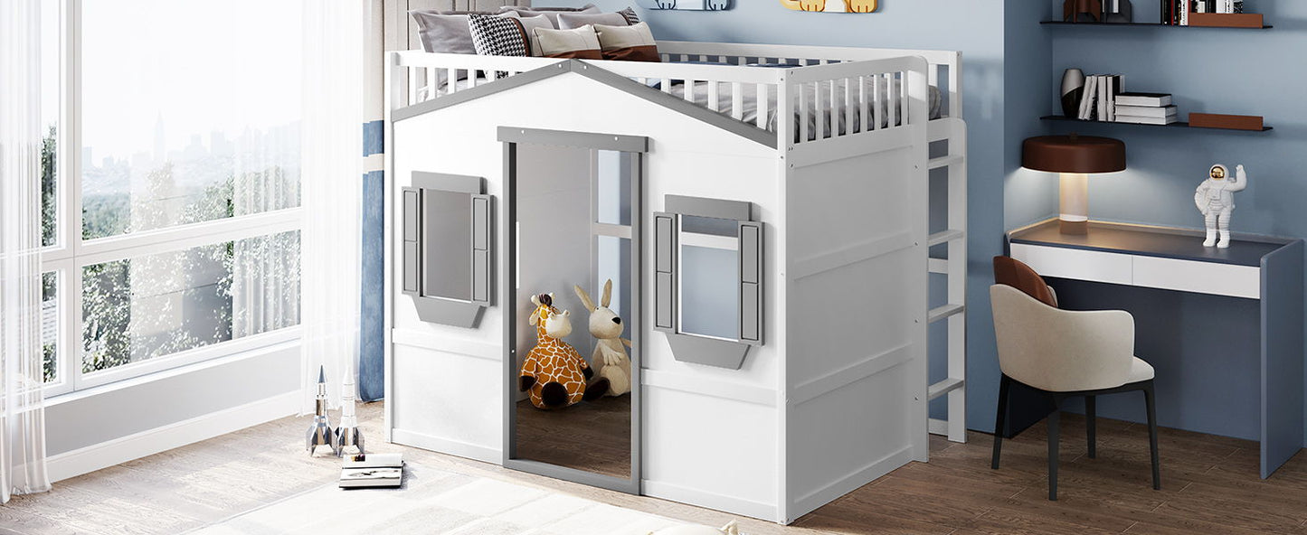Full Size House Loft Bed With Ladder - White / Gray