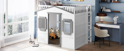 Full Size House Loft Bed With Ladder - White / Gray