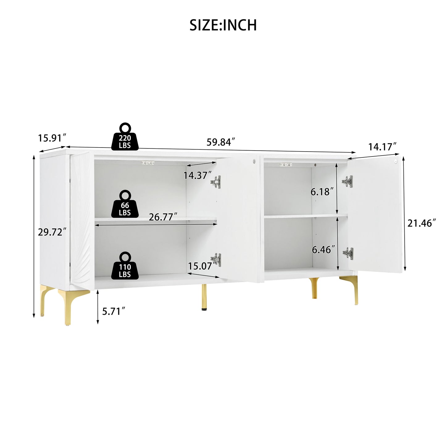 Creative Carved 4 Door Sideboard With Handleless Press To Open Design - White