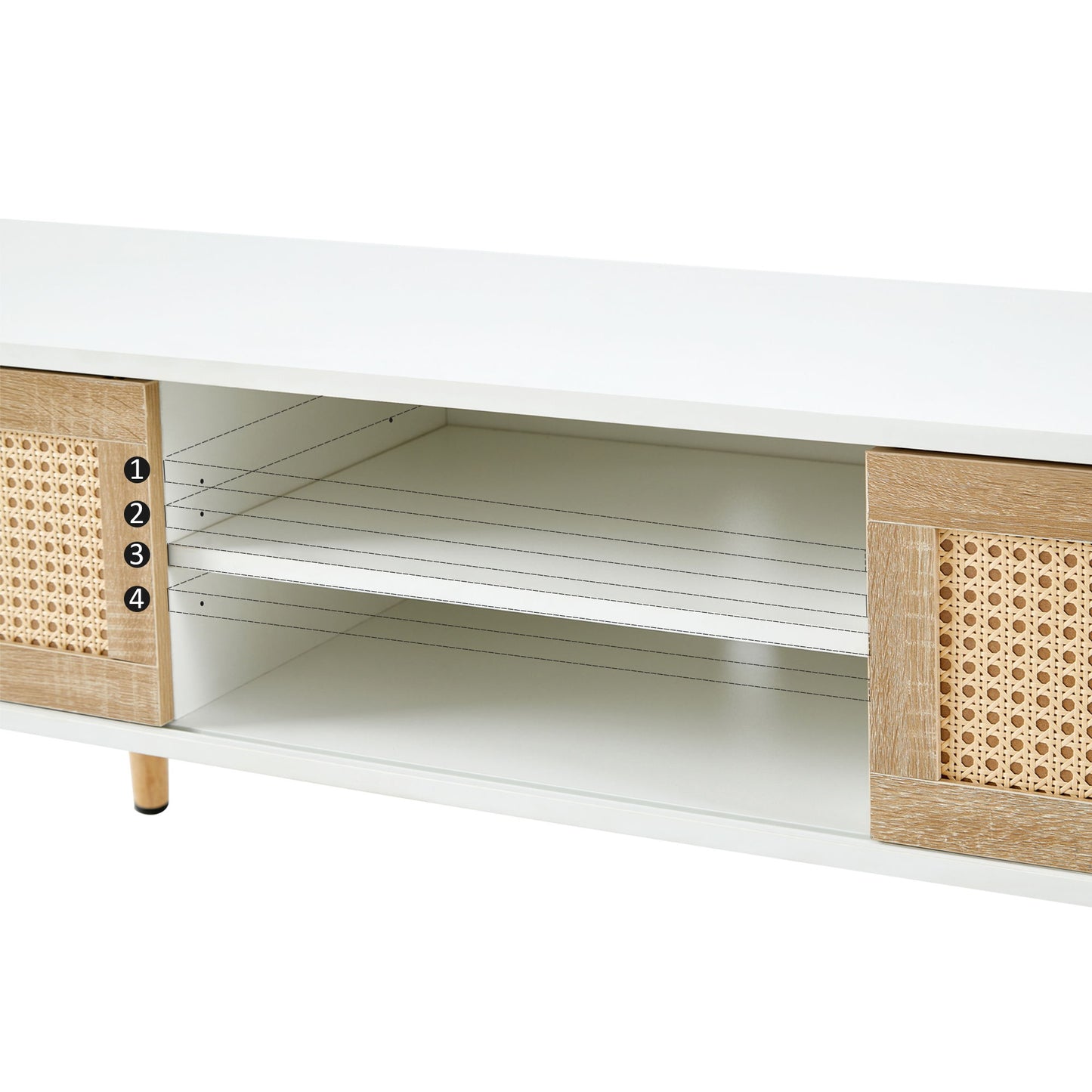 55.12" Rattan TV Cabinet, Double Sliding Doors For Storage, Adjustable Shelf, Solid Wood Legs, TV Console For Living Room - White