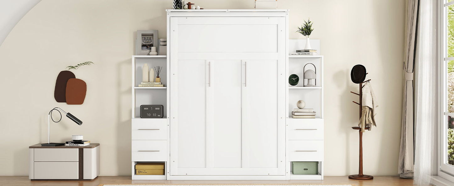 Full Size Murphy Wall Bed With Shelves, Drawers And LED Lights - White
