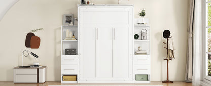 Full Size Murphy Wall Bed With Shelves, Drawers And LED Lights - White