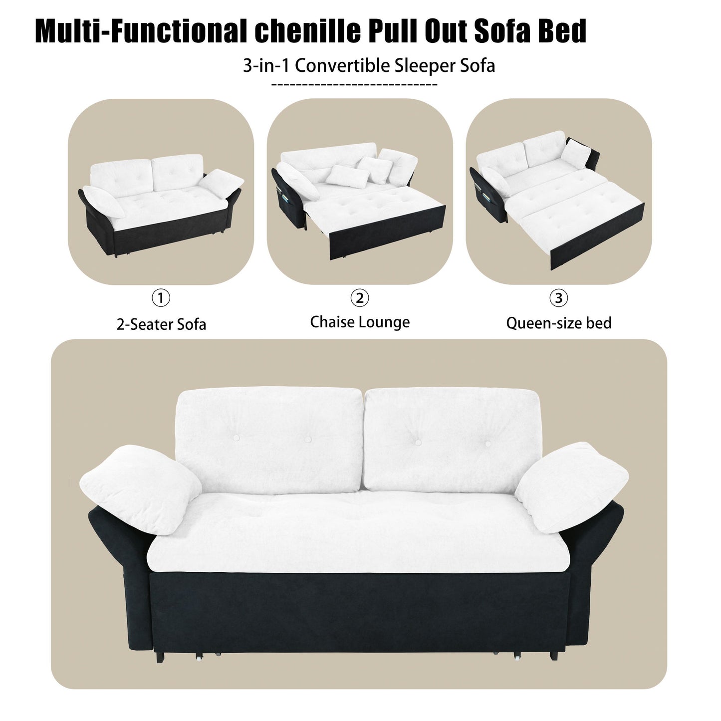 Modern Convertible Sleeper Sofa Bed With Pull Out Queen Design, Side Storage & Thick Cushions Chenille Loveseat For Living Room Or Bedroom 3 In 1 Function - - White