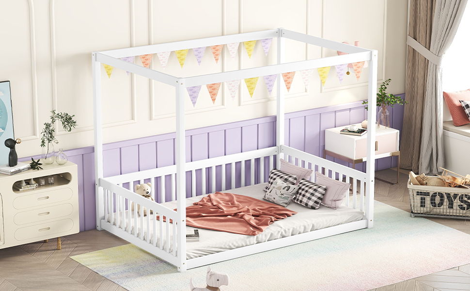 Full Size Canopy Frame Floor Bed With Fence, Guardrails - White