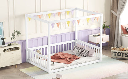Full Size Canopy Frame Floor Bed With Fence, Guardrails - White