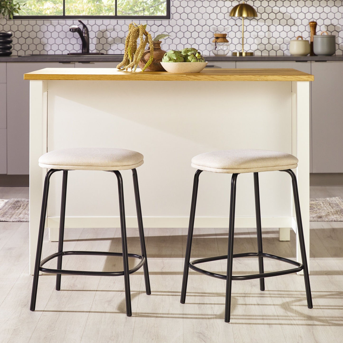 Modern Simple Counter Stool With Upholstered Seat (Set of 2) - Ivory