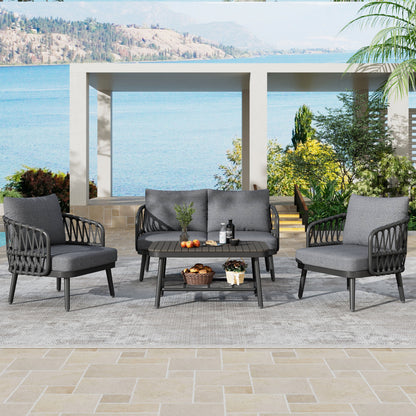 4 Piece Outdoor Patio Furniture Set, Metal Chairs With Woven Rope U Shaped Backrest, Outdoor Conversation Set With Thick Cushions And Coffee Table For Garden, Poolside, Balcony - Black / Gray