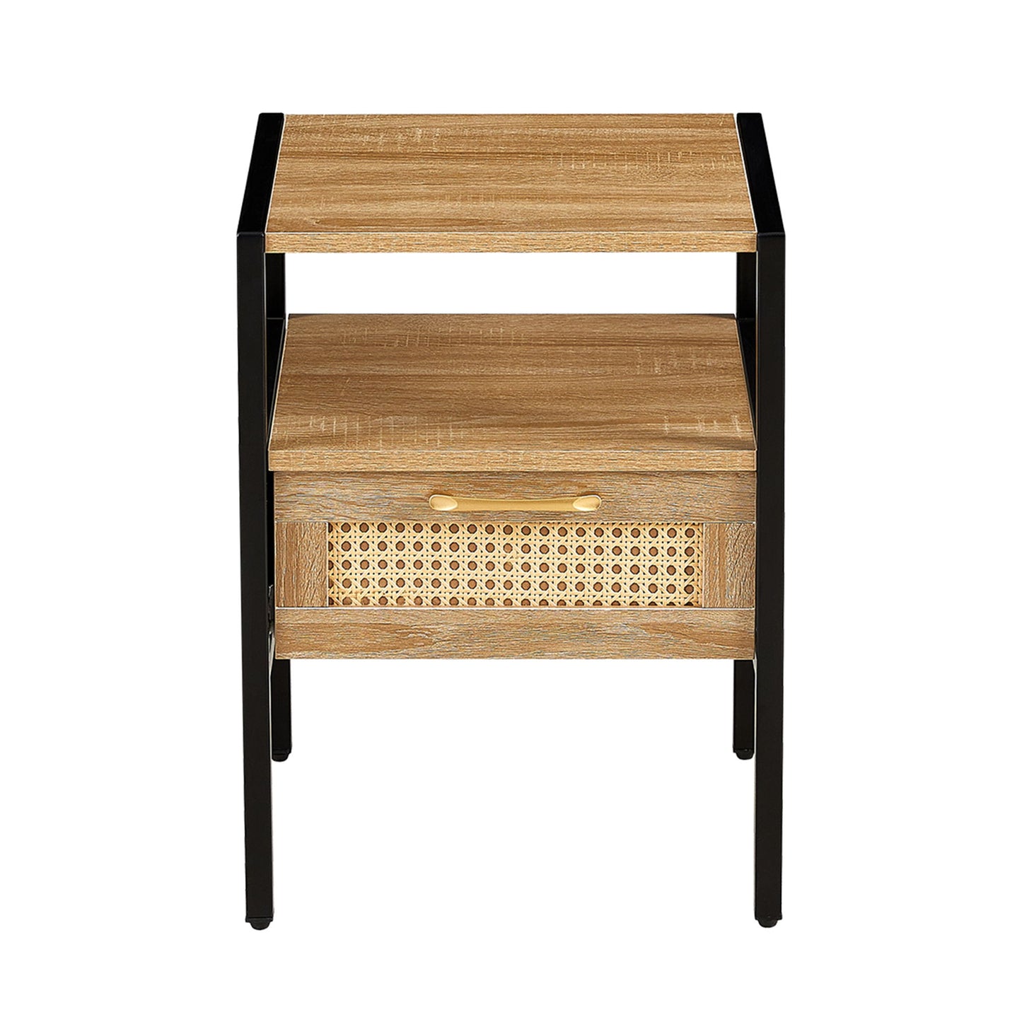 Rattan End Table With Drawer, Modern Nightstand, Metal Legs, Side Table For Living Room, Bedroom - Natural