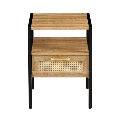 Rattan End Table With Drawer, Modern Nightstand, Metal Legs, Side Table For Living Room, Bedroom - Natural