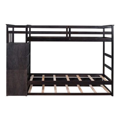 Twin Over Twin Bunk Bed With Trundle And Staircase - Espresso