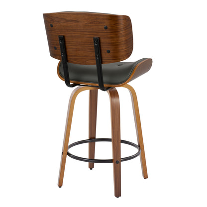 Lombardi - Mid-Century Modern Fixed Height Counter Stool With Swivel With Round Footrest (Set of 2) - Walnut / Gray