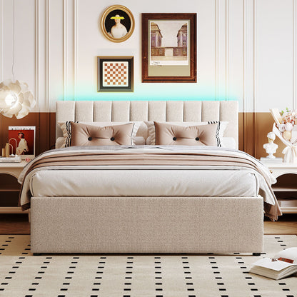 Queen Size Upholstered Platform Bed With Twin Long Trundle - Beige