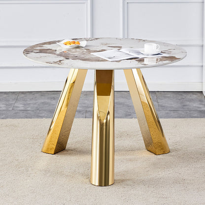 Stainless Steel Pattern Burning Stone Round Table Suitable For 2, 4 Or 6 People - Gold / White