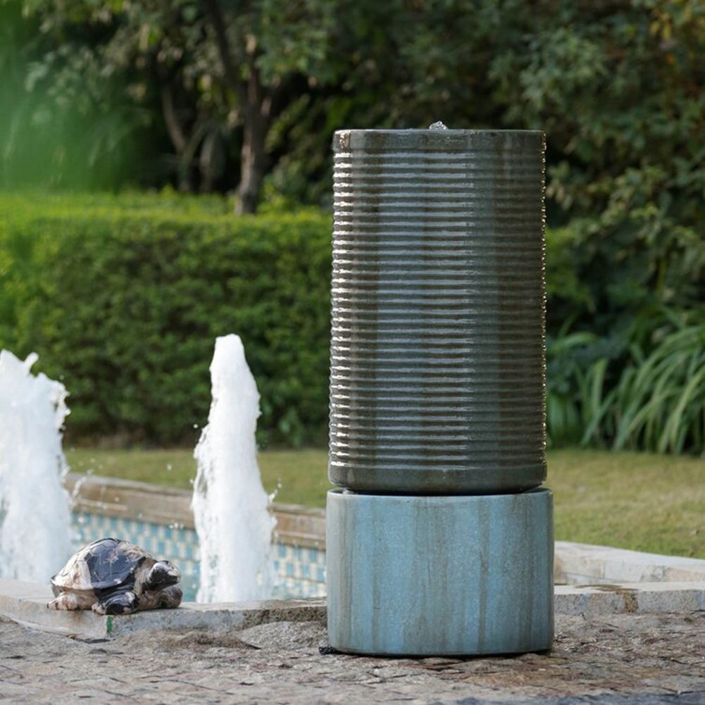 Tall Large Round Green Ribbed Tower Water Fountain, Verge Bronze, Cement Outdoor Bird Feeder / Bath Fountain - Antique Green