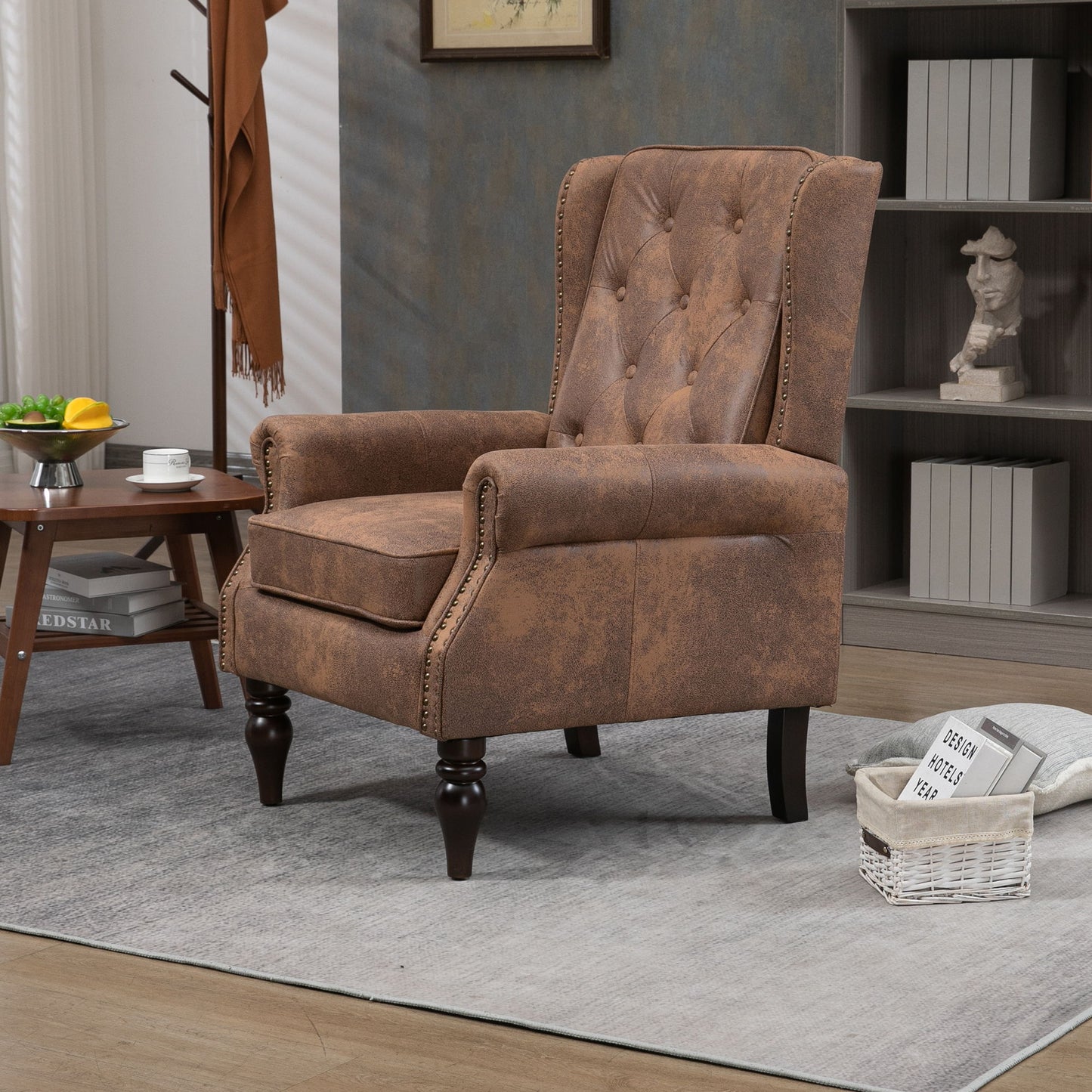 Modern Wood Frame Armchair With Sturdy Wood Legs And Microsuede Upholstery For Living Room