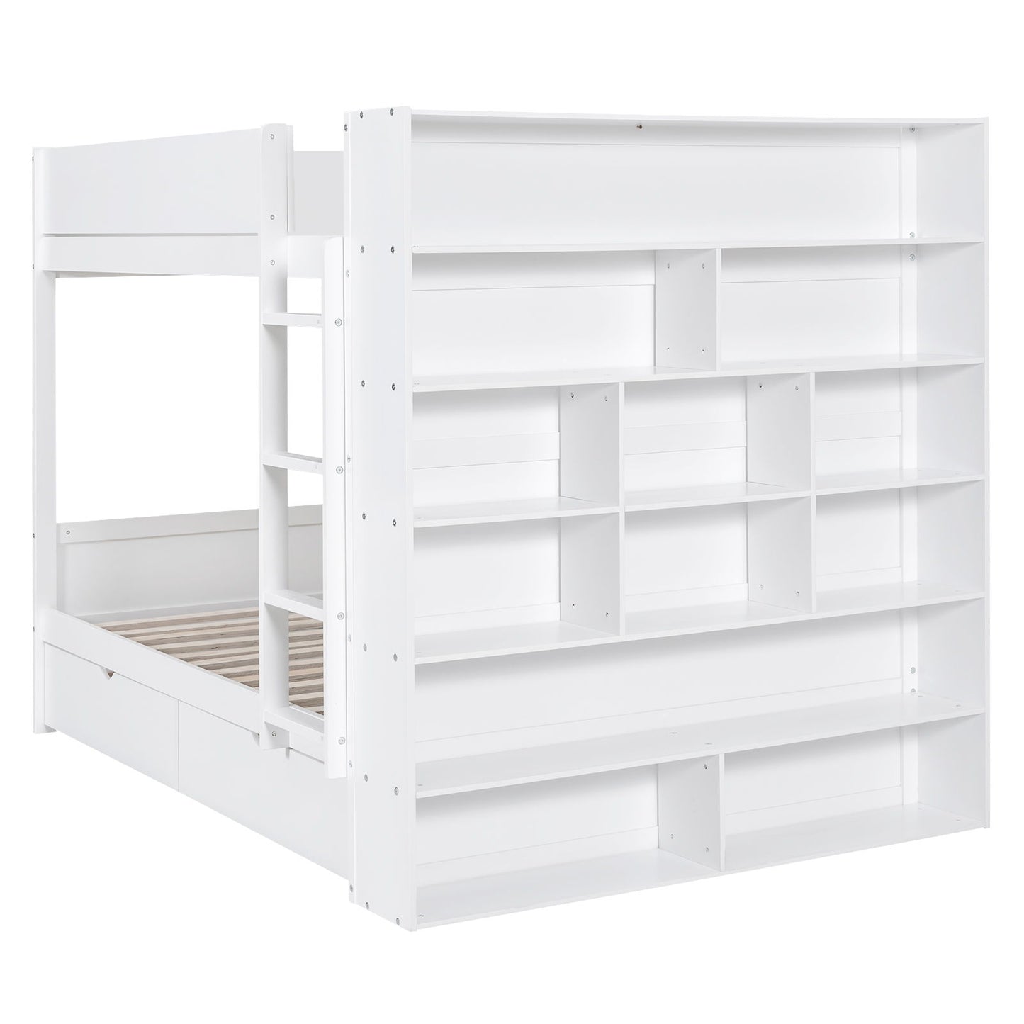 Full Over Full Bunk Bed With 2 Drawers And Multi-Layer Cabinet - White