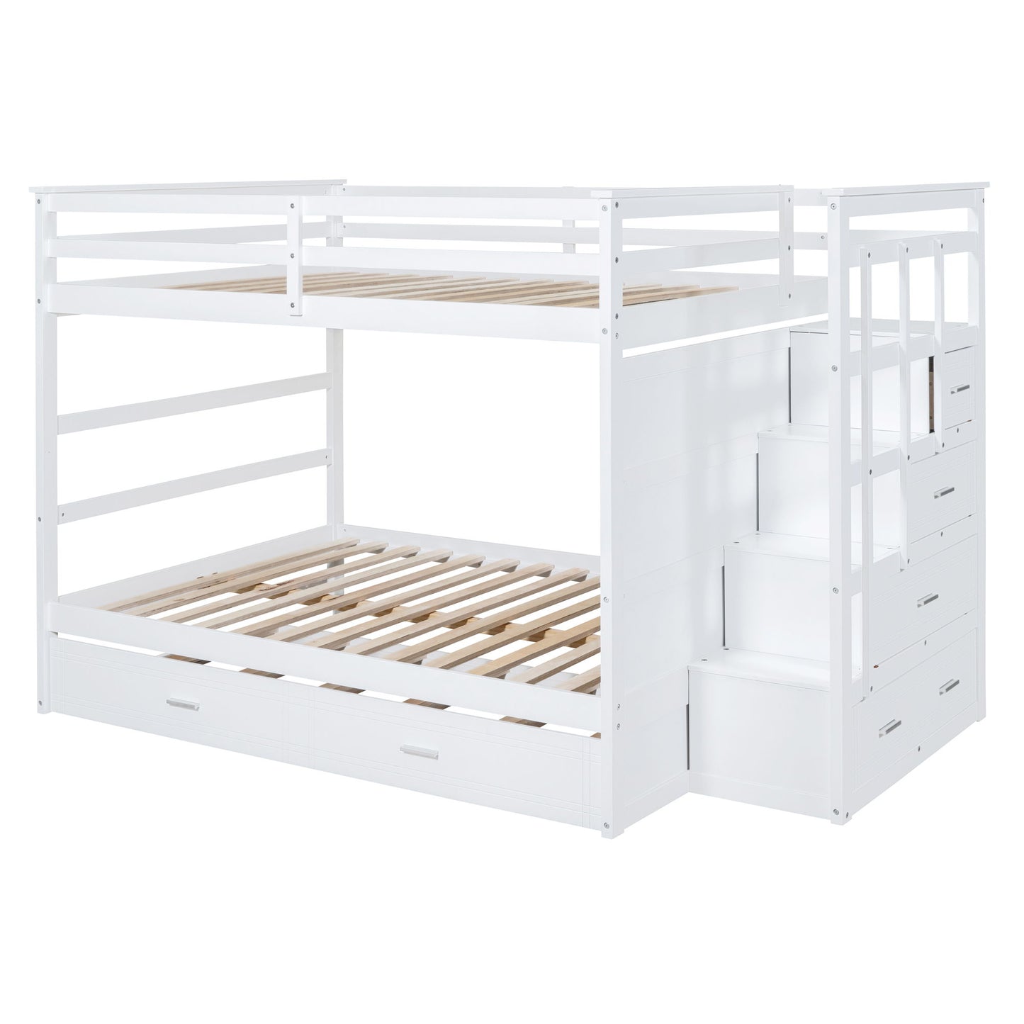 Full Over Full Bunk Bed With Twin Size Trundle And Staircase - White