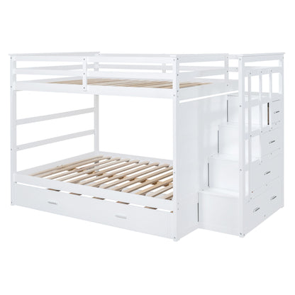 Full Over Full Bunk Bed With Twin Size Trundle And Staircase - White